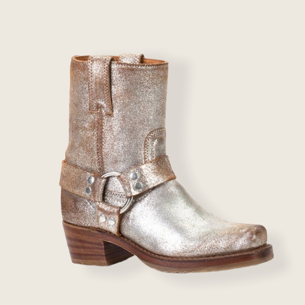 Festival Frye Harness 8G Glitter Silver Tan Pull On Metallic Cowboy Short Boot - Picture 4 of 15